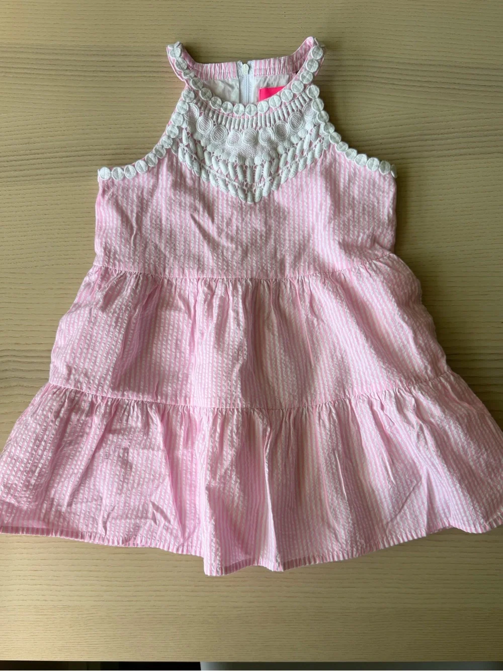 Lilly Pulitzer Girls Pink White Striped Tiered Dress Lace Bib Size 4